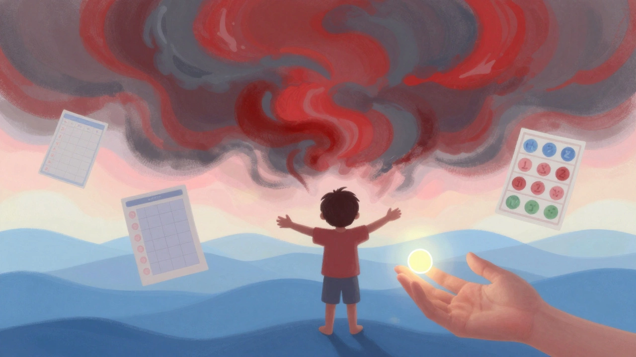 Abstract representation of a child’s emotional storm being calmed by structure and support.