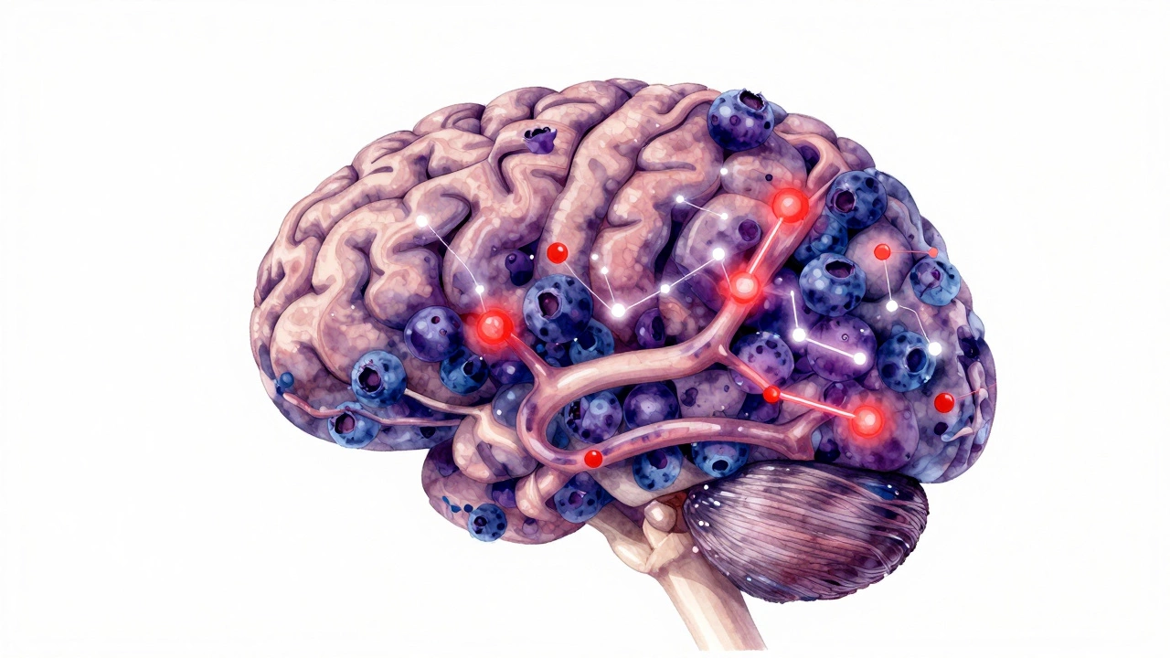 An artistic brain illustration with blueberry molecules reducing inflammation and plaques.