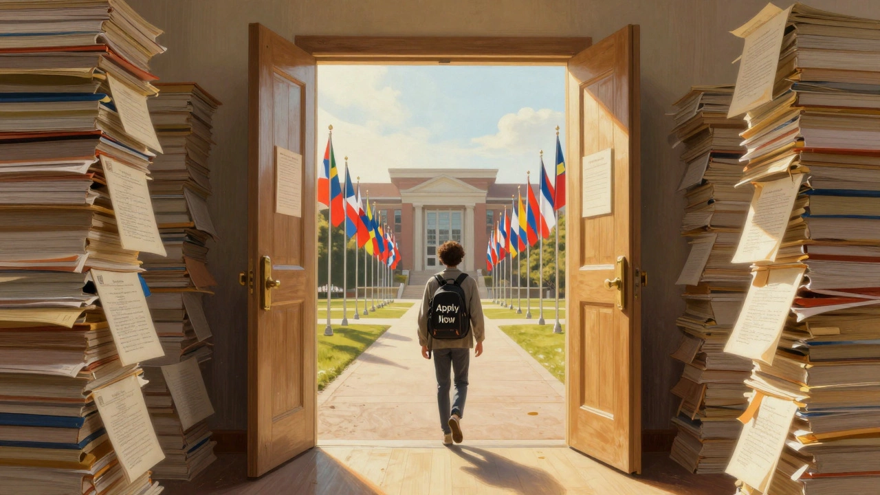 An open door made of academic documents leading to a global university campus with many national flags.