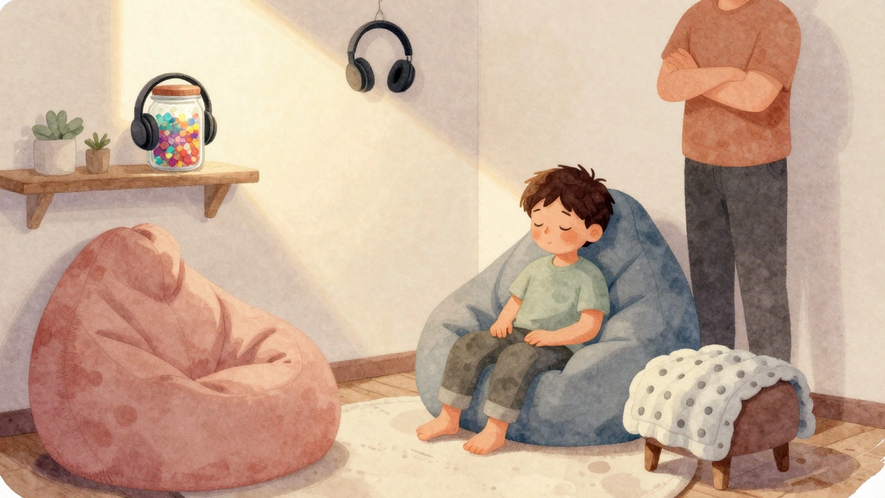 Child sitting calmly in a sensory-friendly corner with a glitter jar and weighted blanket.