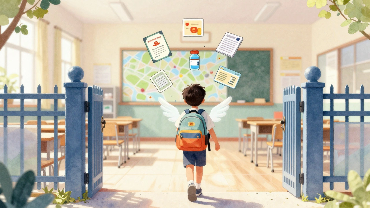 Child walking into school with floating document icons symbolizing successful enrollment.