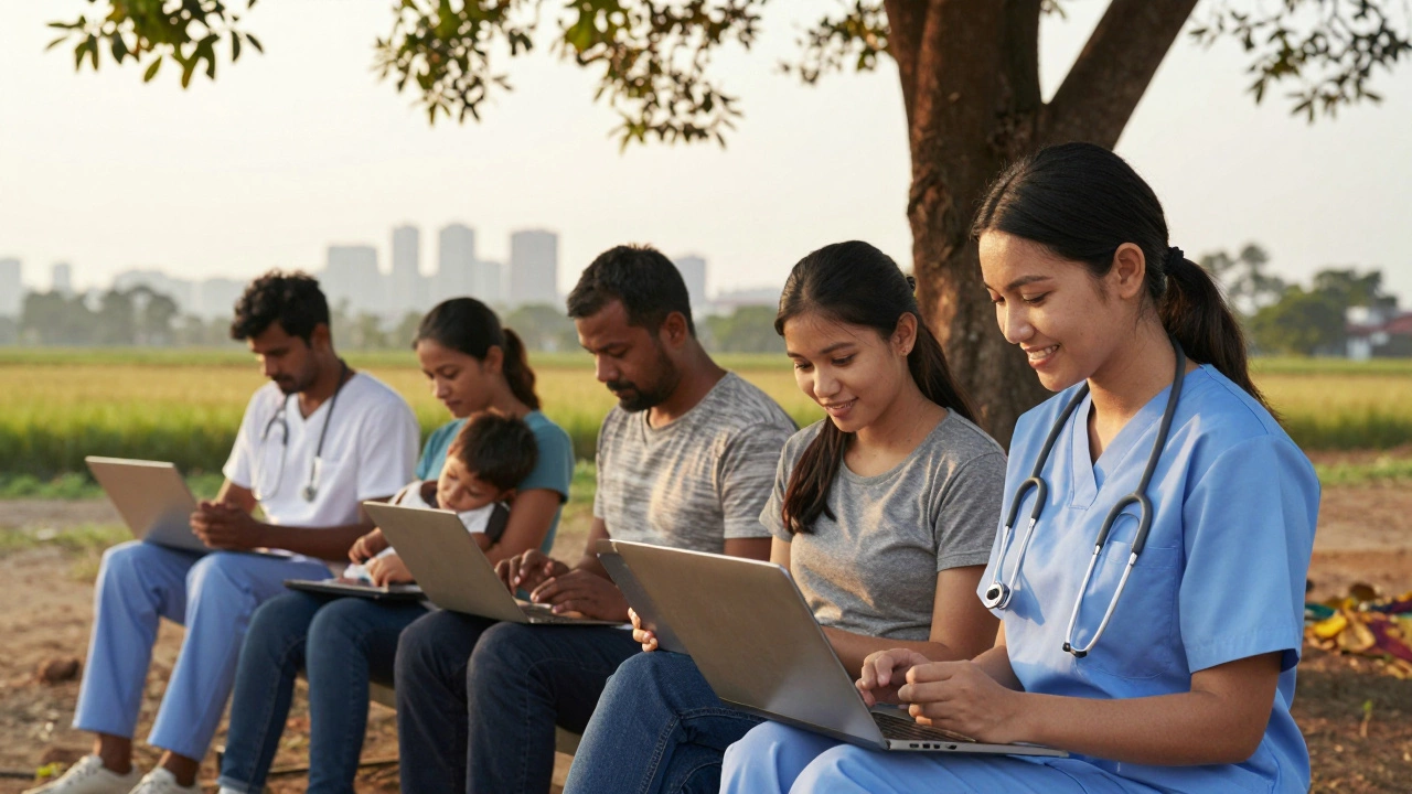 Diverse individuals learning online in different real-life settings during golden hour.
