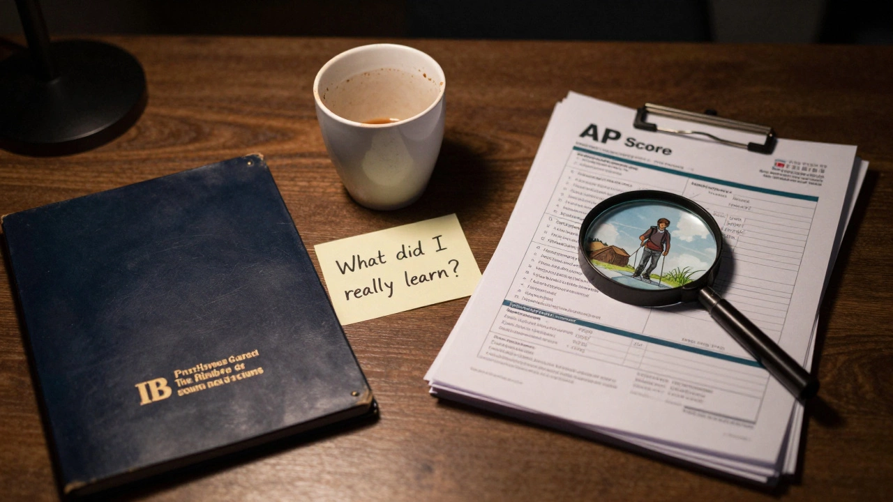 Empty desk with IB diploma and AP scores, a handwritten note and sketch of a student in Kenya beneath a magnifying glass.