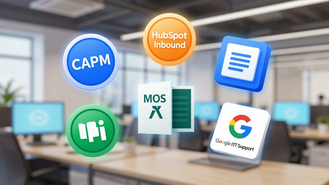 Five digital certification badges floating in the air, representing fast online credentials.