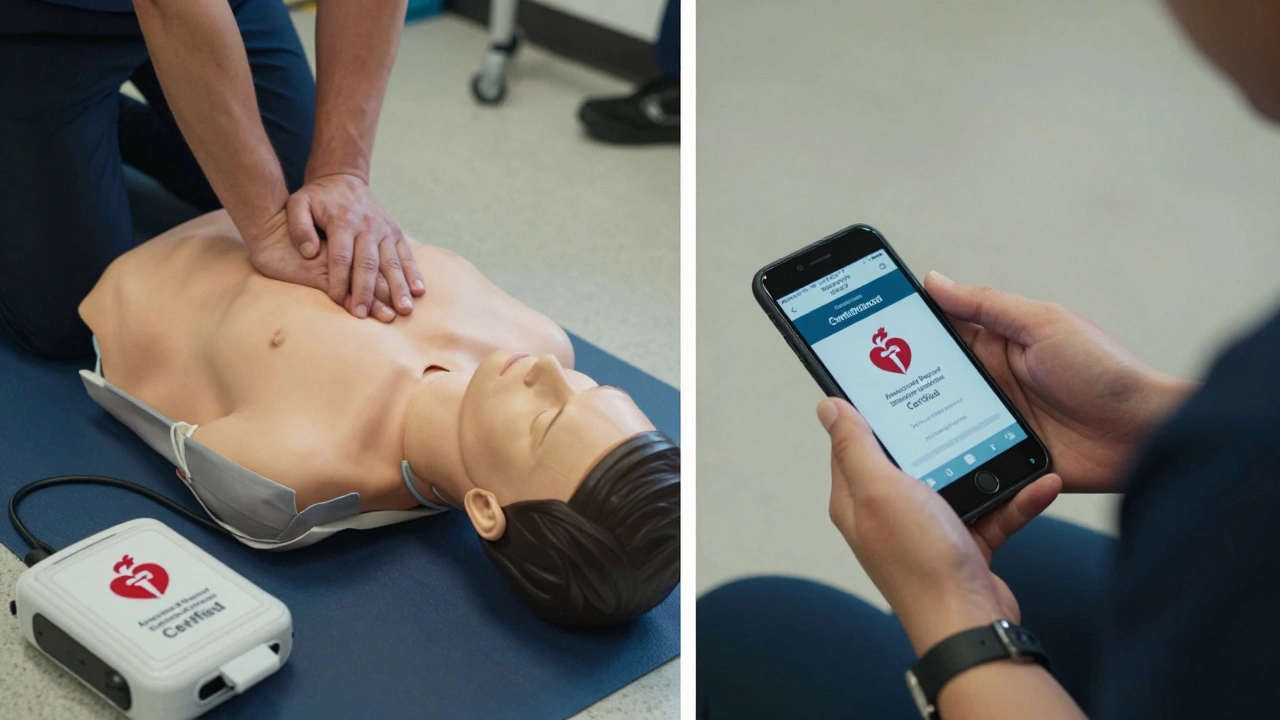 Individual performing CPR with AED, holding a certified first aid badge on their phone.