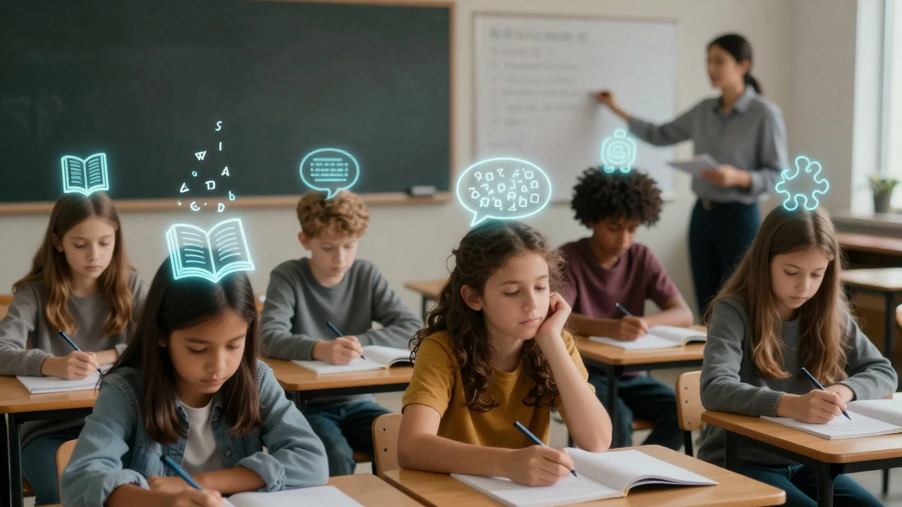Six students in a classroom each subtly marked with symbols representing hidden reading challenges.