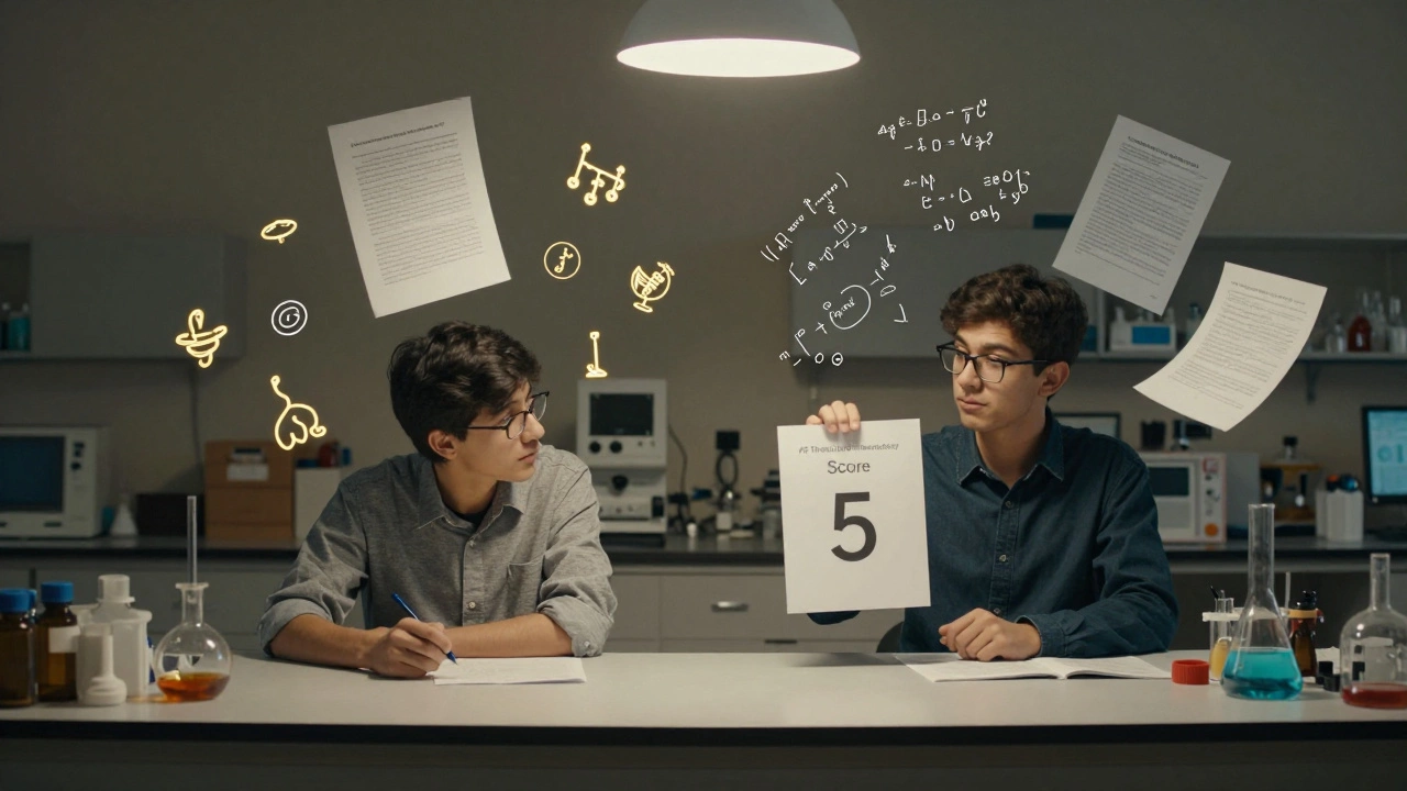 Split scene: IB student in philosophical discussion, AP student with chemistry score, both under a single spotlight.