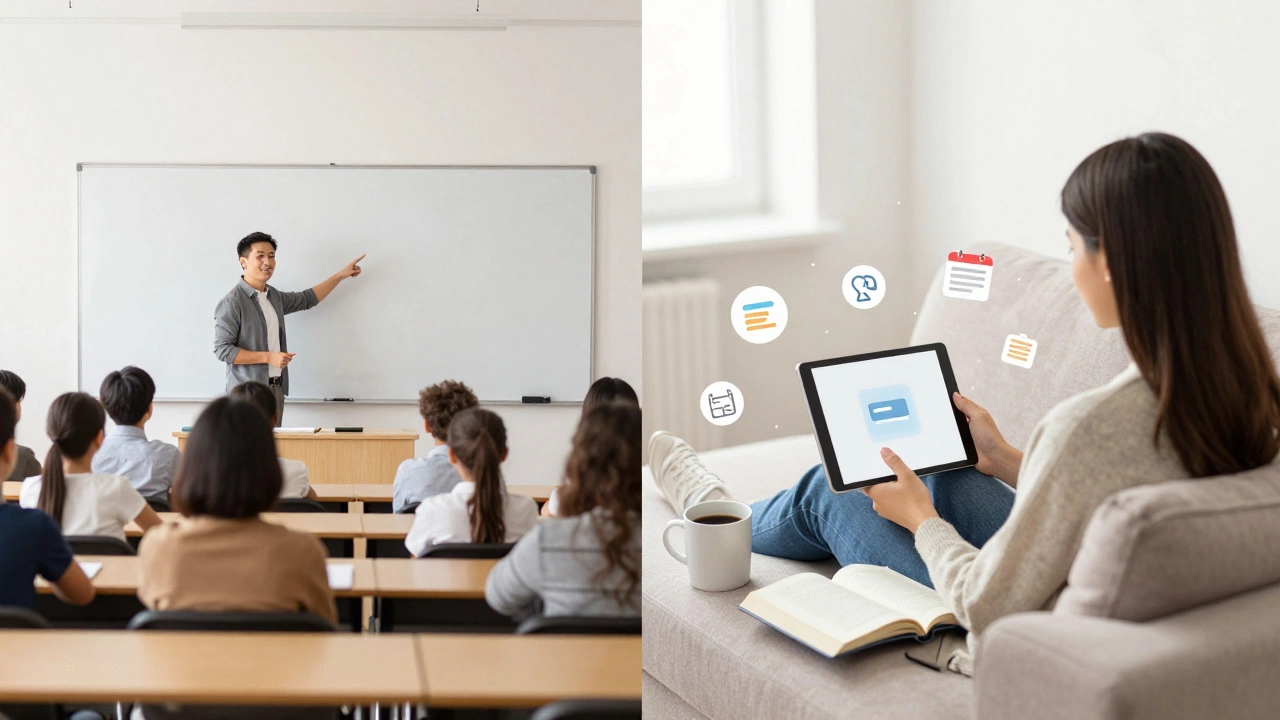 Split-screen: traditional classroom vs. person learning comfortably at home with digital tools.