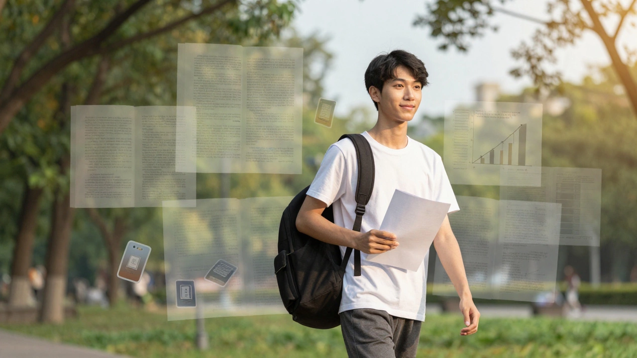 Student walking in park holding past paper, knowledge fading into nature at golden hour
