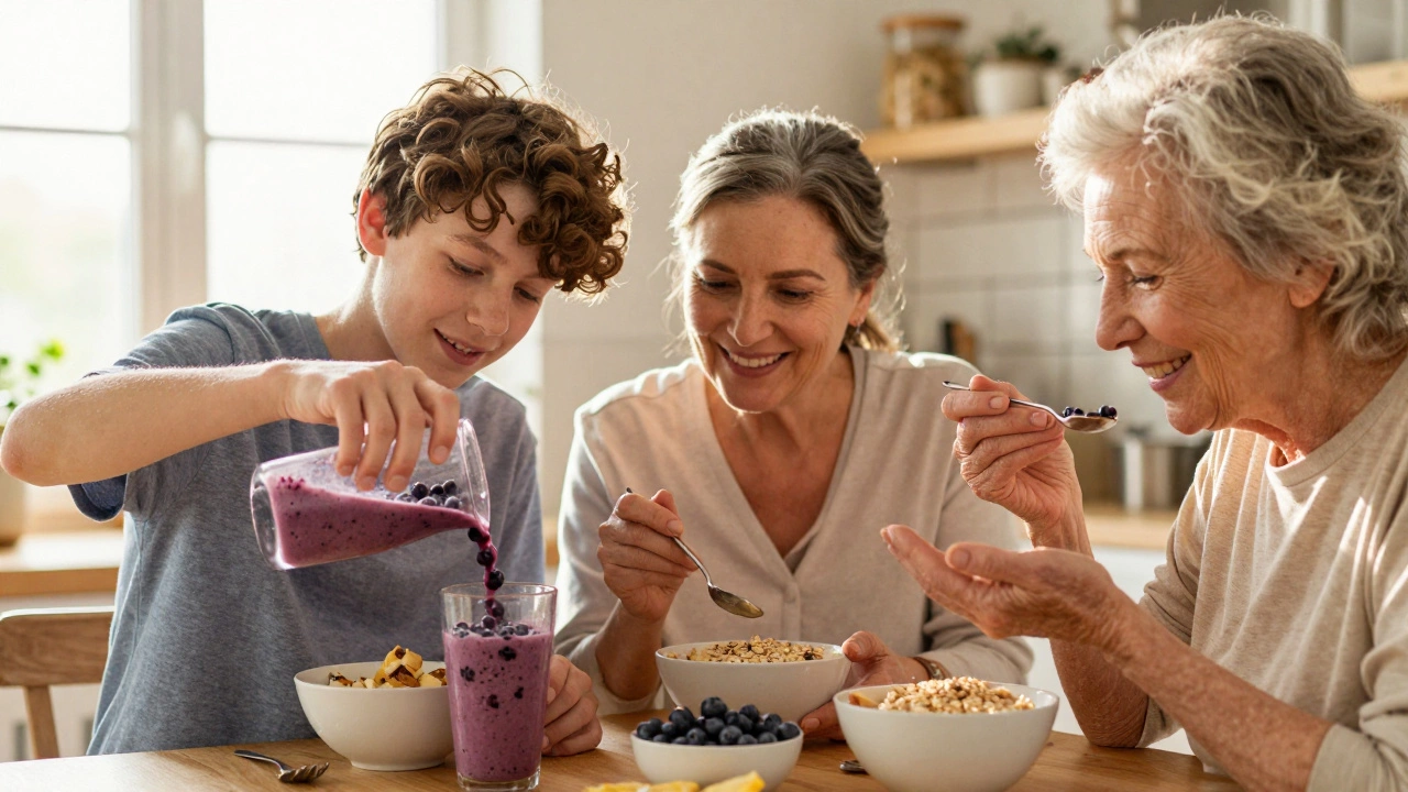 Three generations eating blueberries together during a meal, bathed in warm light.