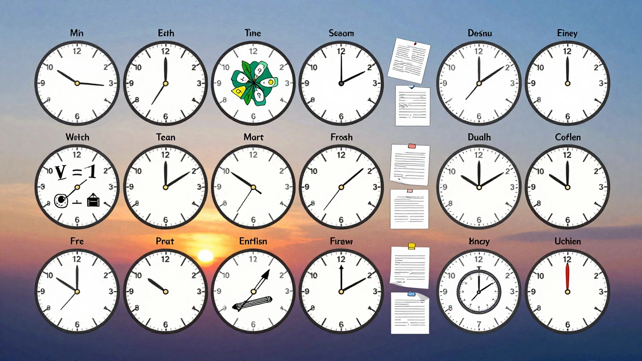 Weekly study schedule visualized as mosaic of clocks and subject icons with rest symbols