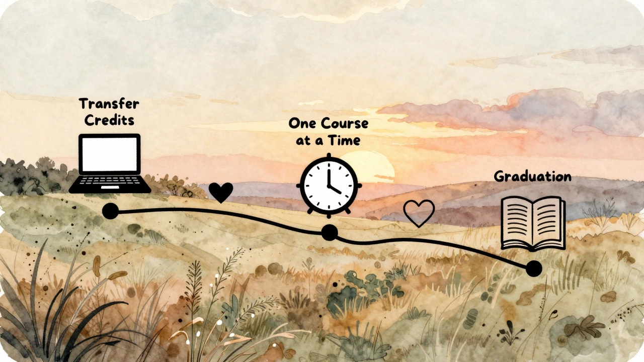 A peaceful path symbolizing the journey of earning an online degree at your own pace.