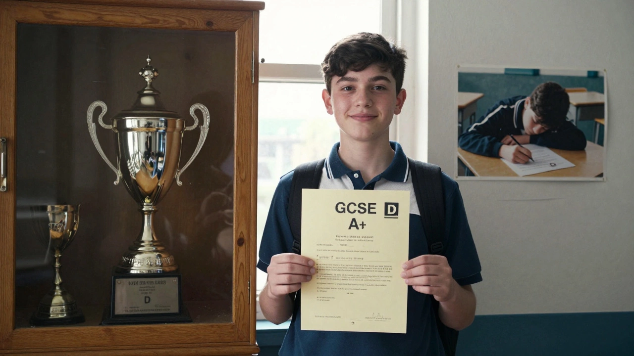 A student holding a high-grade exam certificate, with a faded low-grade photo beside them.