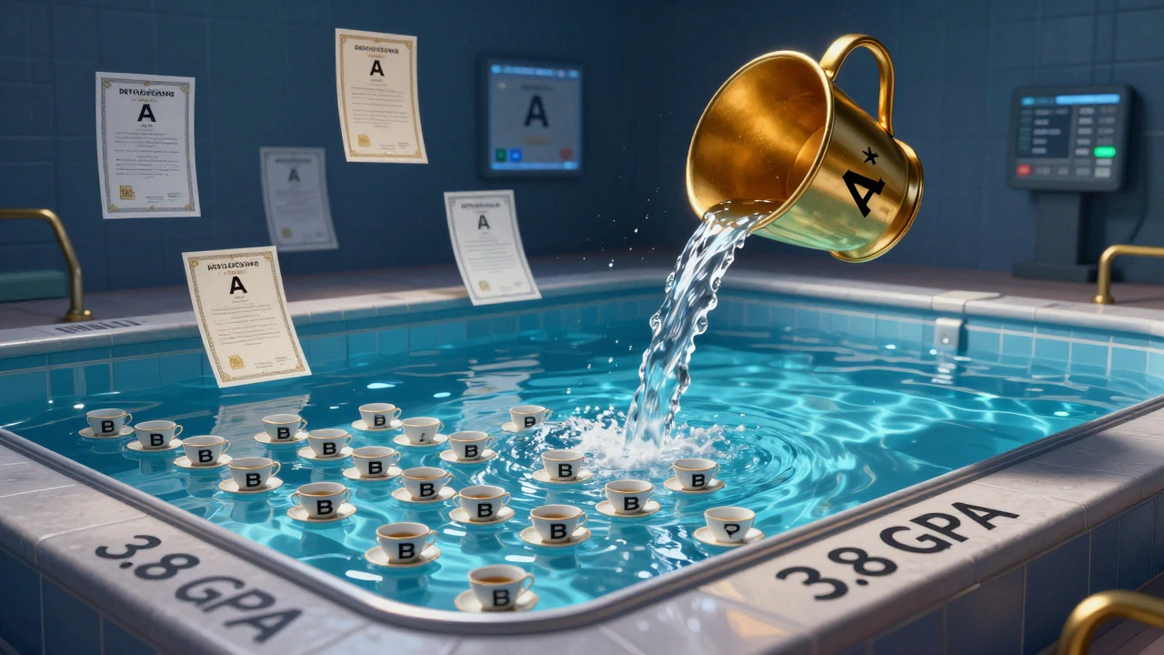 A swimming pool being filled with teacups labeled 'B', unable to reach the 3.8 mark.