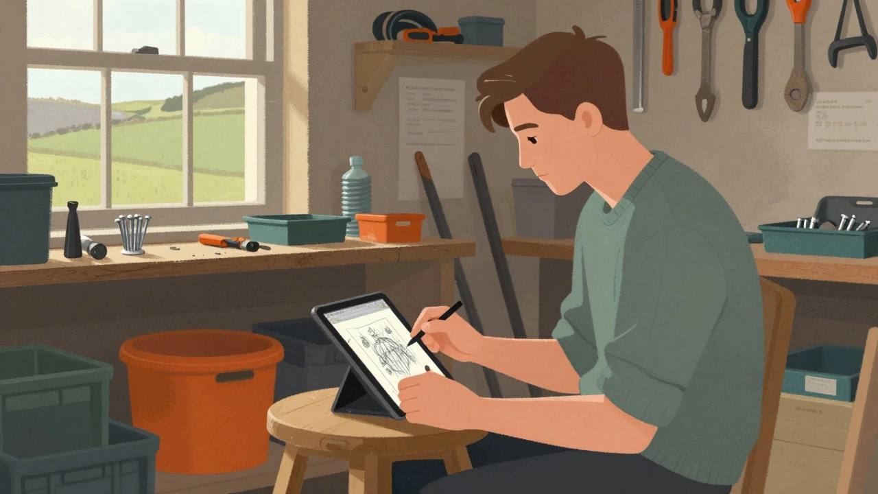 A young man in a rural hardware store learning graphic design on a tablet.