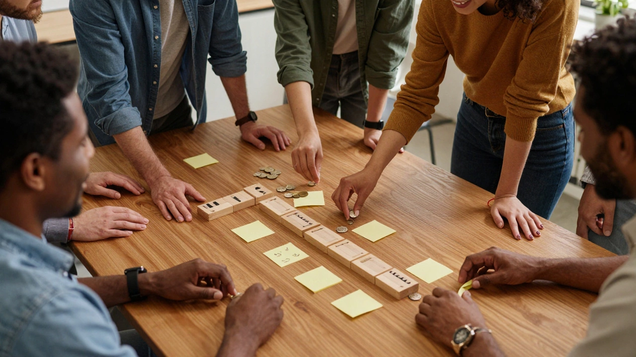 Adults using blocks and coins to build a financial model together at a table.