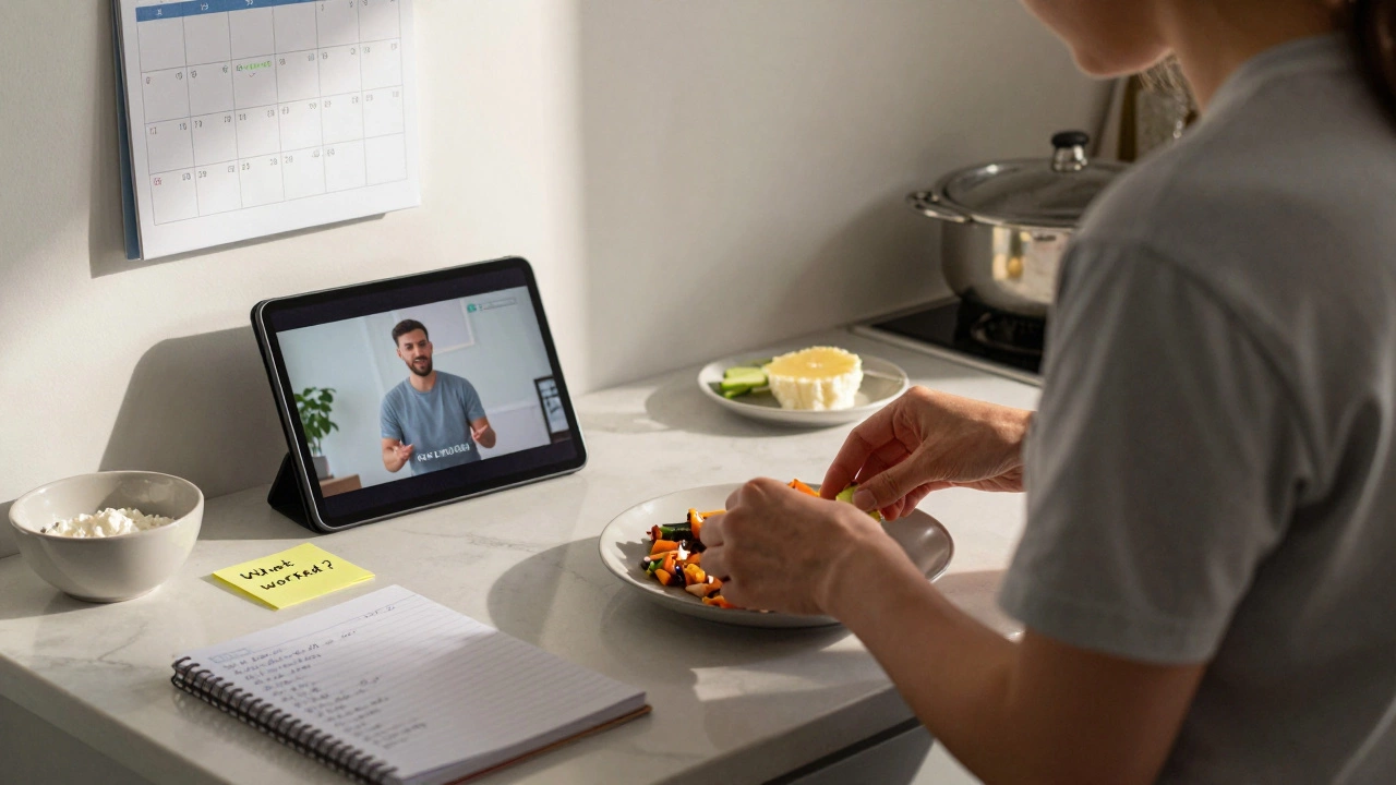 An adult practicing a new skill at home with notes and a paused tutorial on a tablet.