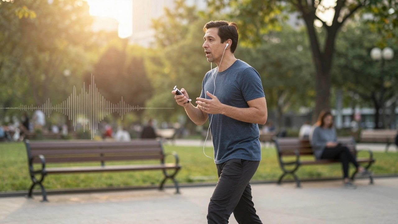 An adult walking and speaking into a recorder while learning, surrounded by park scenery.