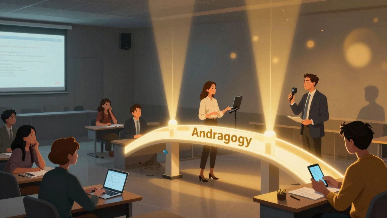 Contrasting dull lecture vs. active adult learning, connected by a glowing bridge labeled 'Andragogy'.
