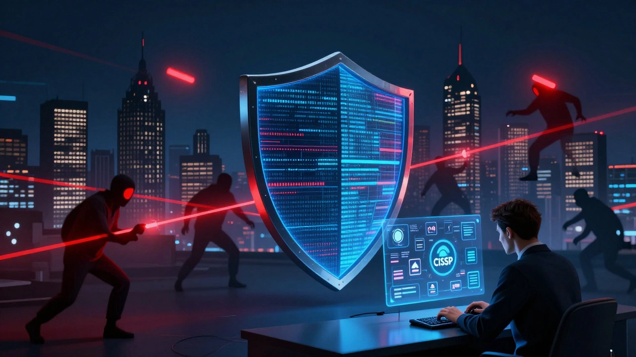 Cybersecurity shield protecting a city from digital threats, with engineer typing amid encrypted streams.