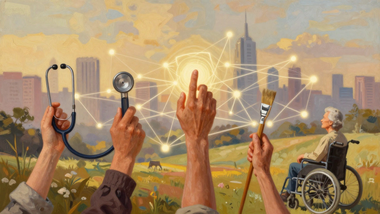 Diverse hands reaching toward a glowing online learning portal connected by light.