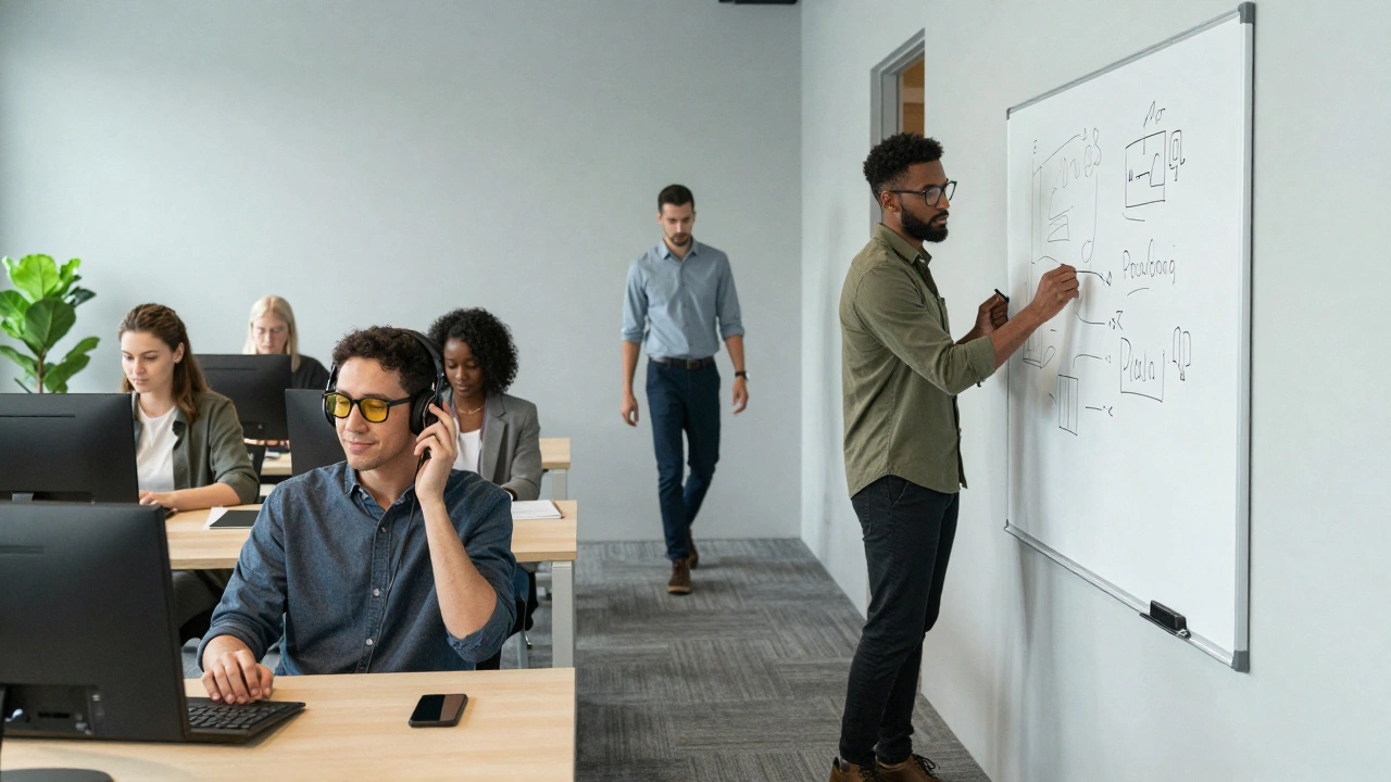 Diverse individuals in an office, each using personalized accommodations, blending naturally into an inclusive environment.