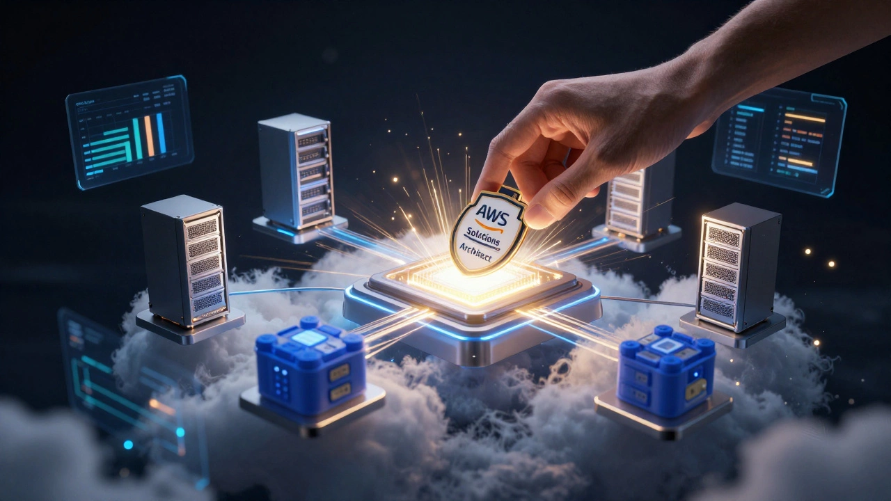 Glowing cloud infrastructure with certification badge at the center, surrounded by data flows and containers.