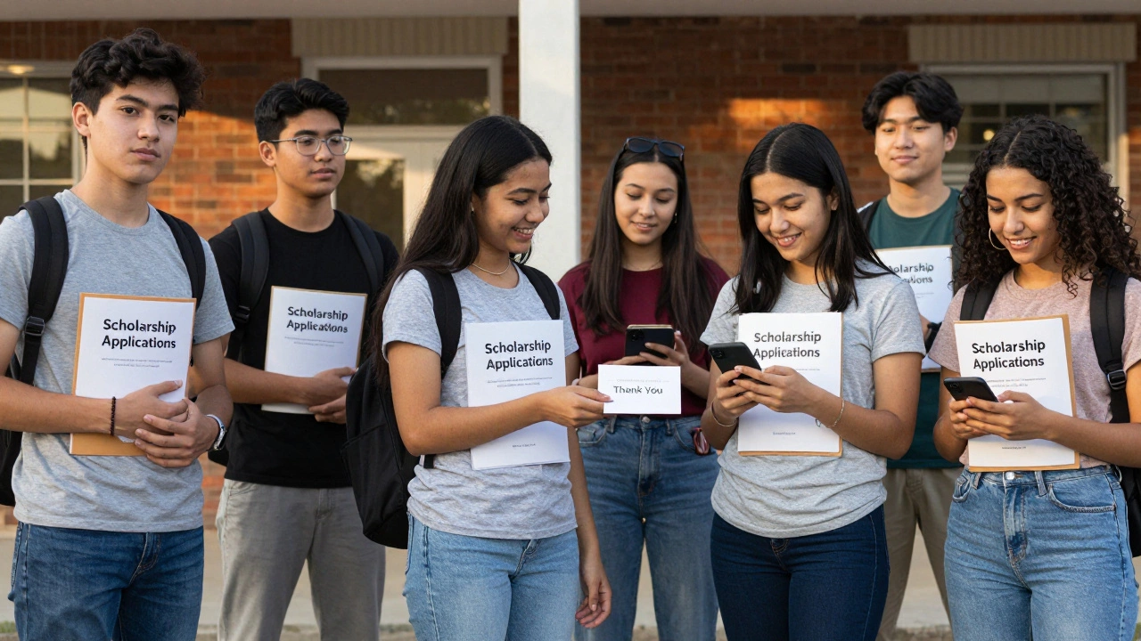Students preparing scholarship applications outside a community center, one giving a thank-you note.