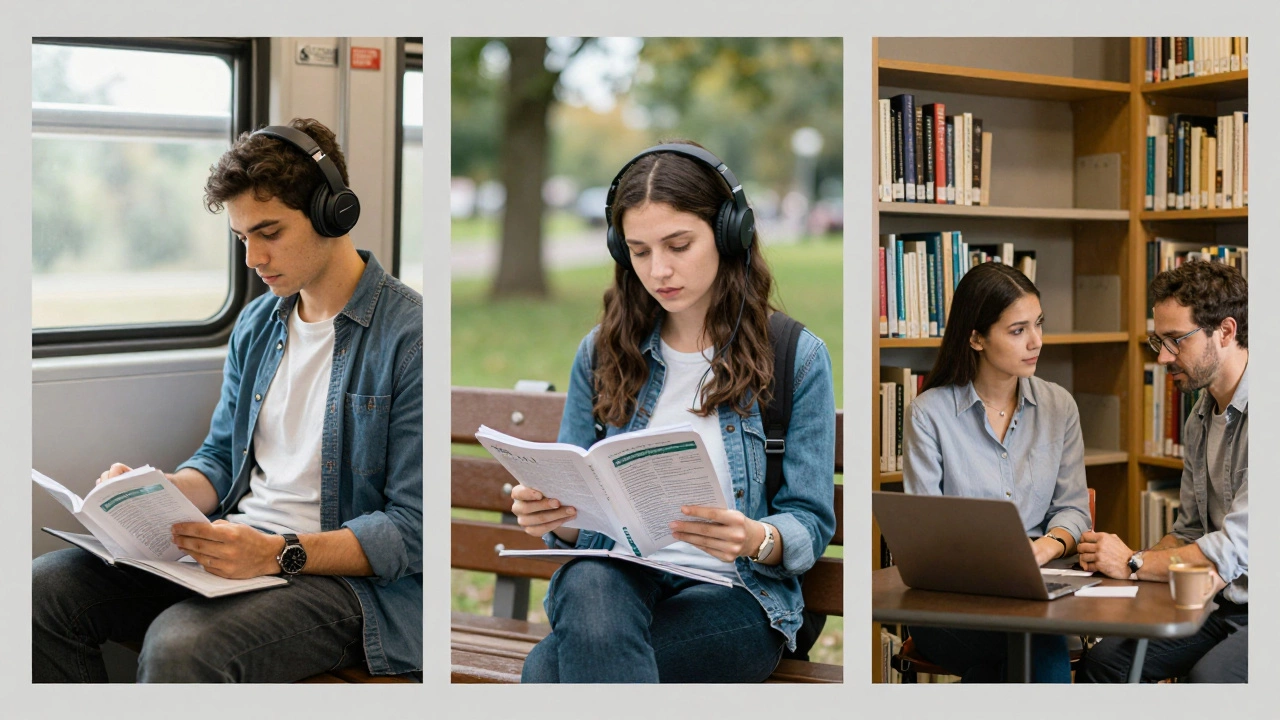 Three adults learning the same topic through different personalized methods: audio, print, and one-on-one.