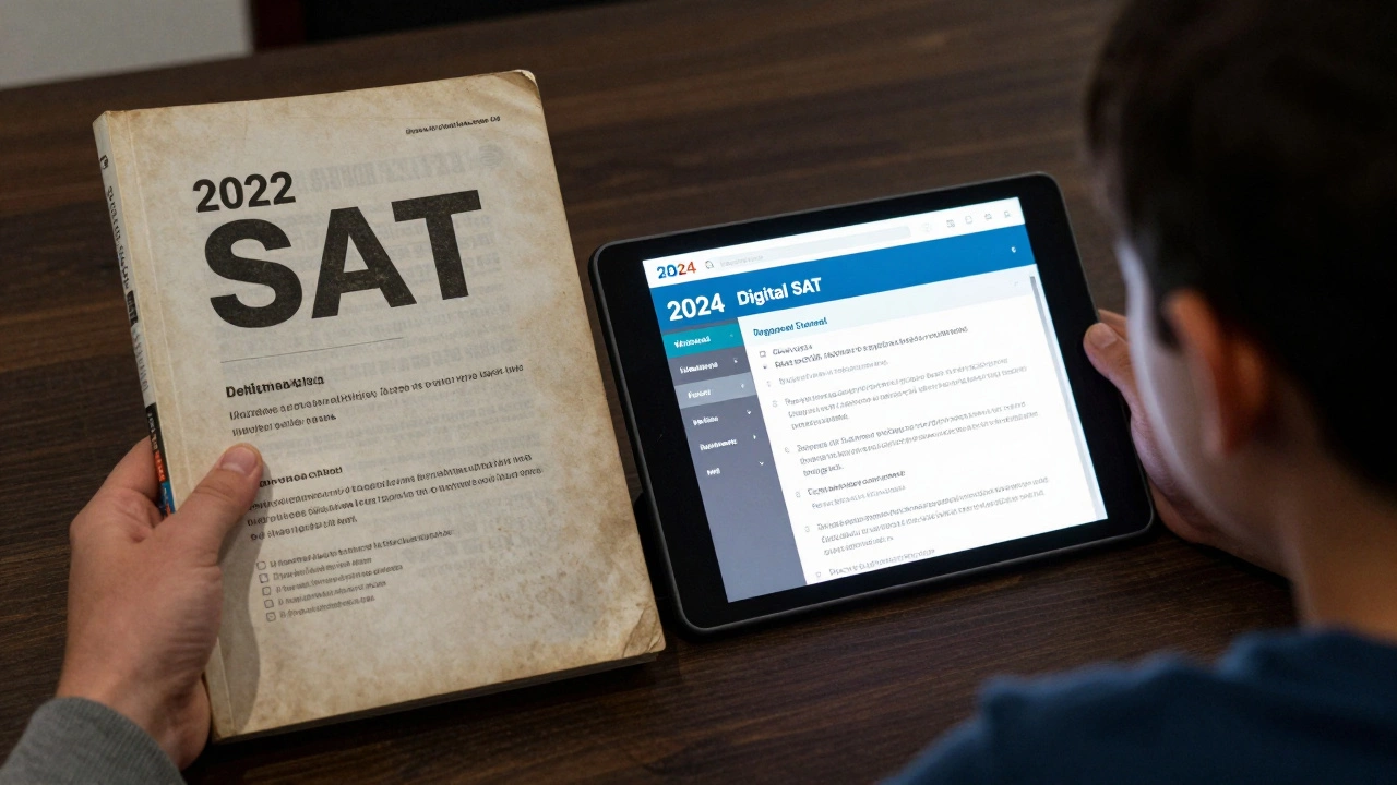 A parent holding an old SAT book as a child uses a glowing digital SAT tablet, symbolizing the shift in test preparation.
