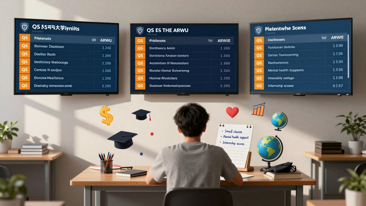 A student at a desk surrounded by floating icons and conflicting university rankings, focusing on personal priorities like cost and support.