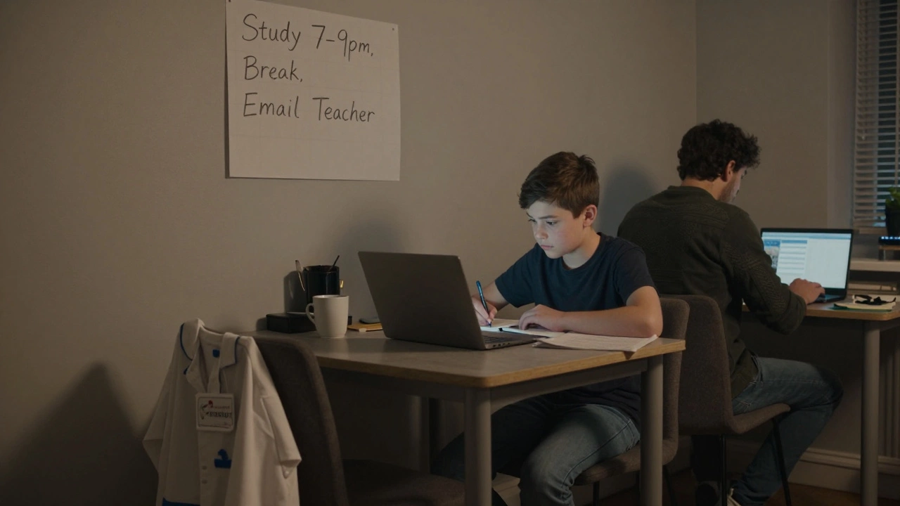 A student balancing part-time work and online classes in a shared home space, showing quiet resilience and self-discipline.