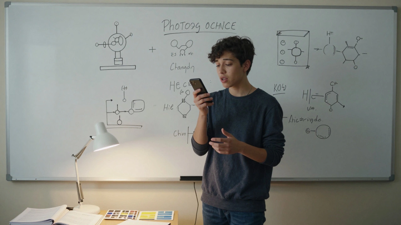A student explaining a science topic aloud into a recording device while standing by a whiteboard.