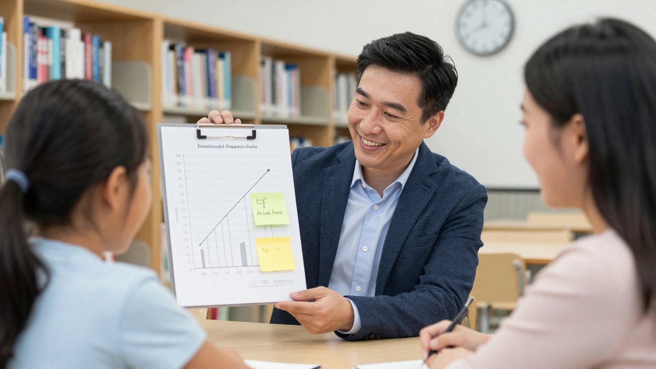 A tutor shows a student and parent a progress graph, highlighting improved exam scores during a library tutoring session.