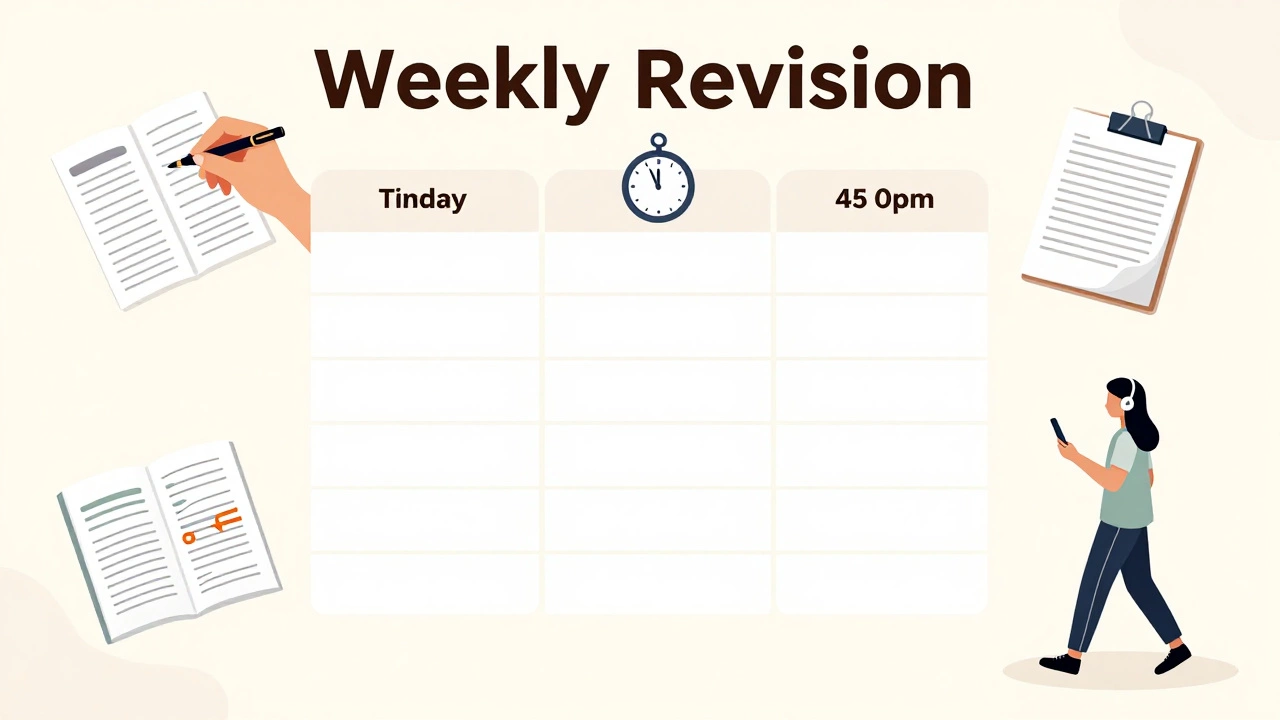 A visual timetable showing key revision strategies like flashcards, timed sessions, and past papers.