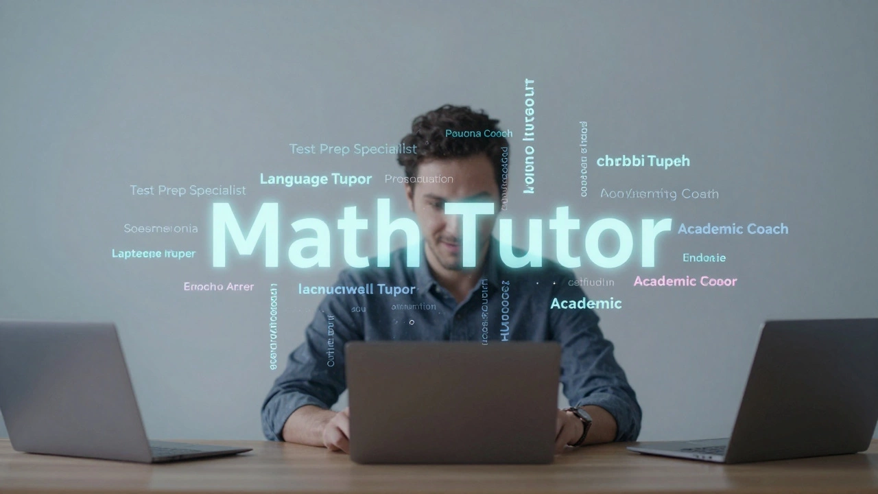 A word cloud of tutor titles floating above a quiet online tutoring session.