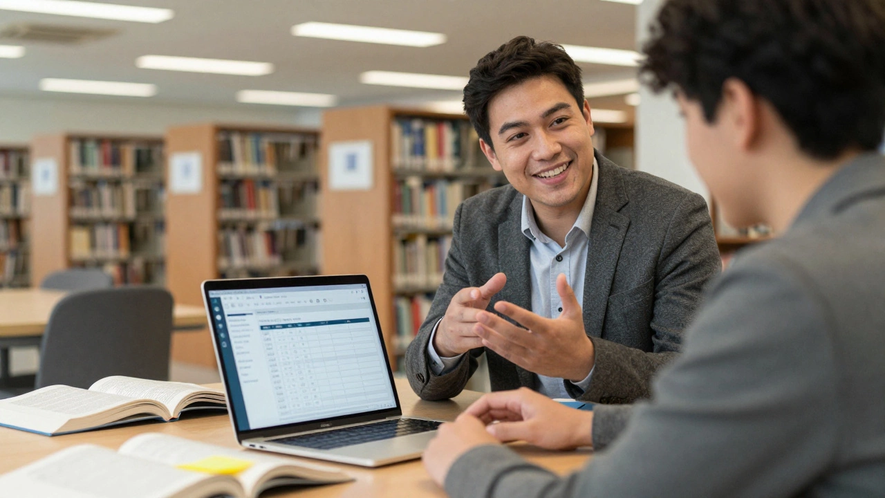 An academic coach guiding a college student through study planning in a library setting.
