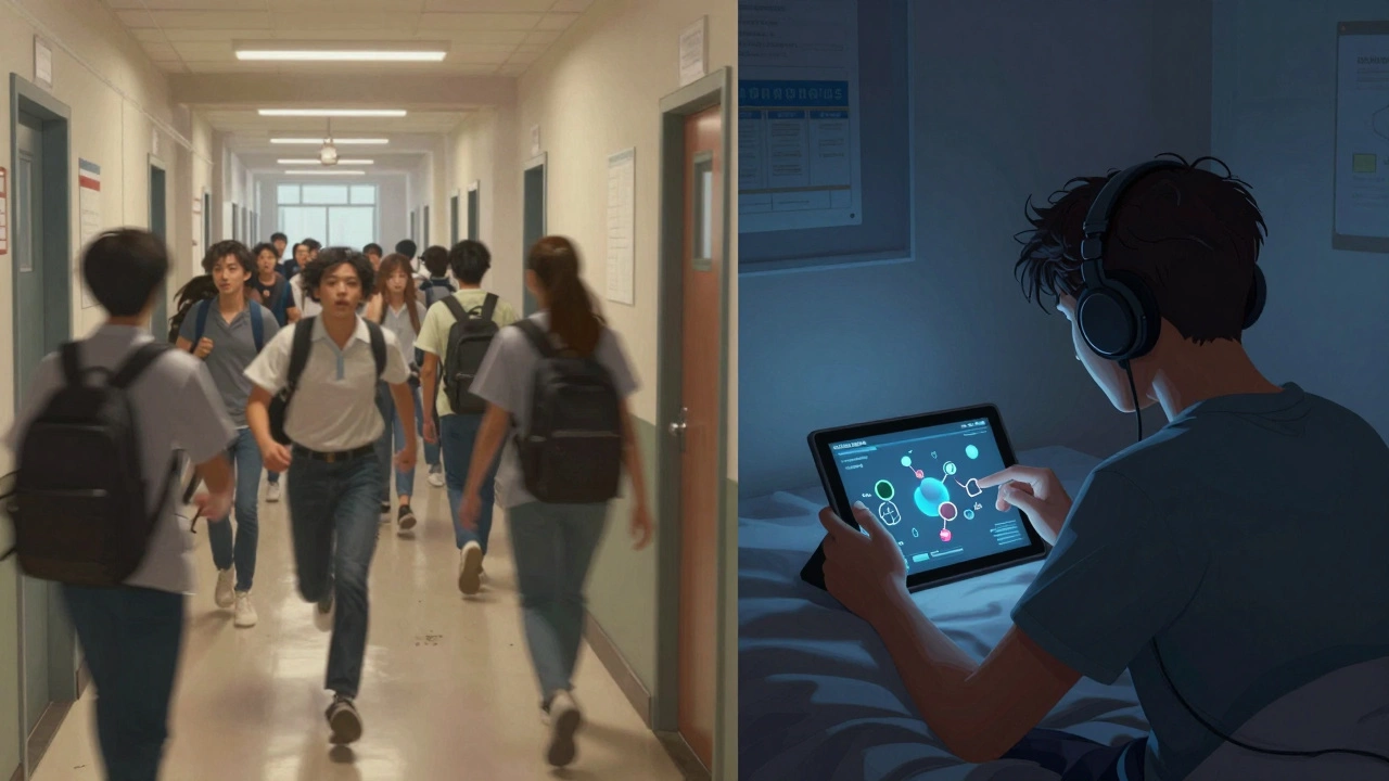 Contrasting scenes: chaotic school hallway versus a calm home learning space with a digital science simulation.