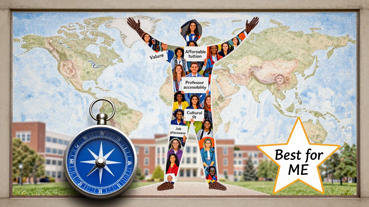 Diverse students holding signs of personal values, forming a silhouette with a compass pointing toward 'Best for ME'.