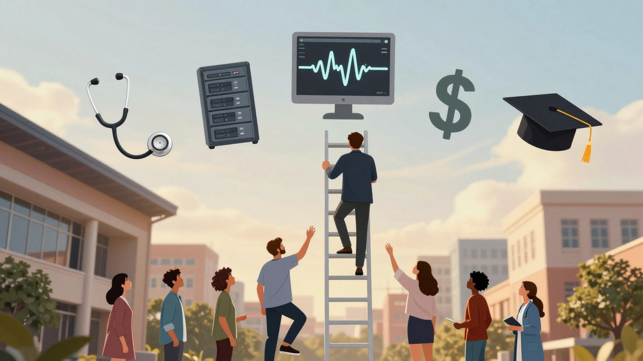 Ladder rising from community college to icons representing high-paying careers in healthcare and tech