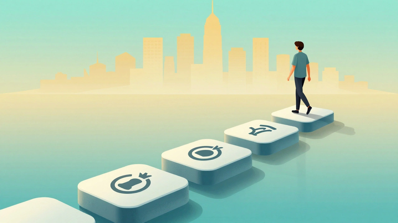 Path of certification logos leading to city skyline.