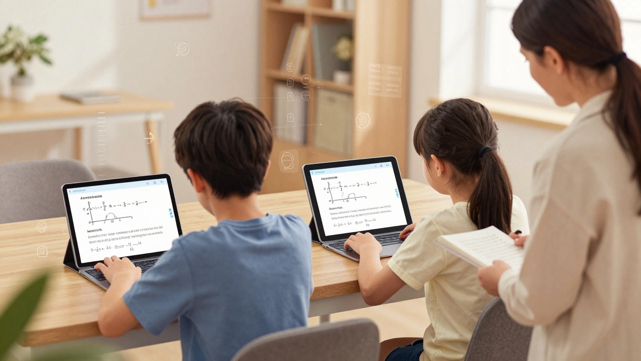Two students taking adaptive SAT questions on tablets while a tutor monitors their performance in a modern tutoring center.