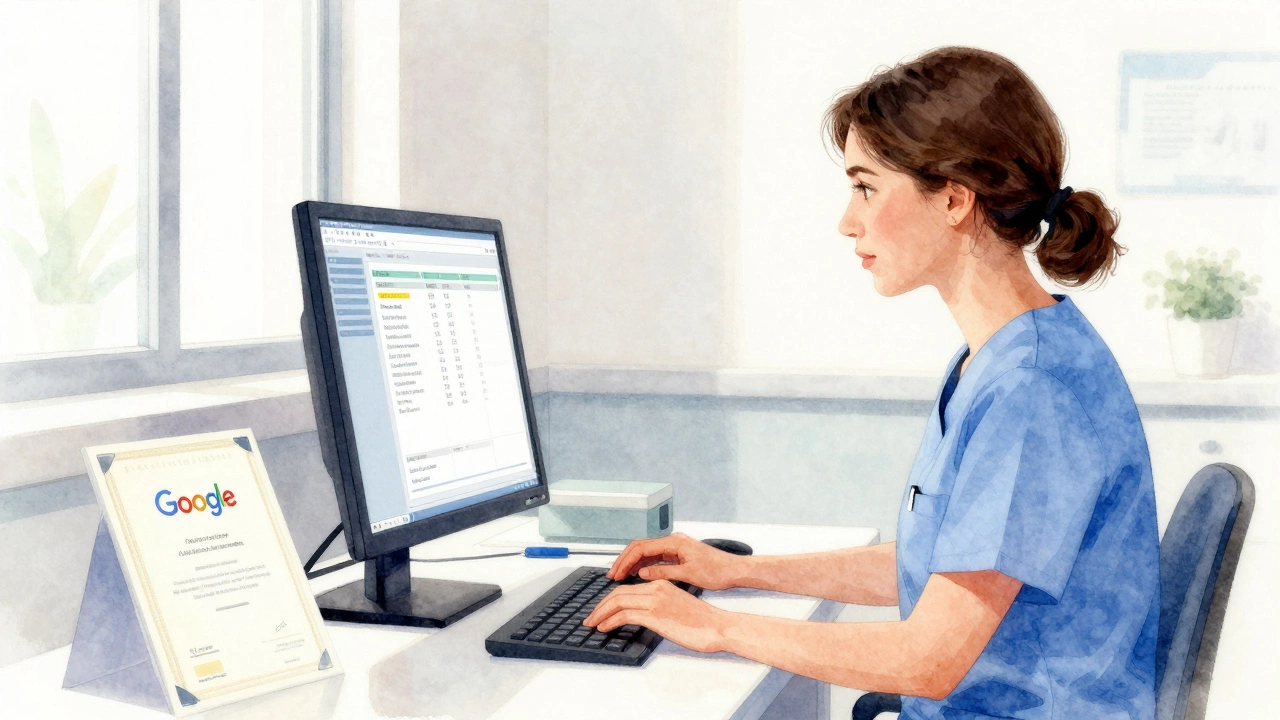 Woman in hospital reviewing data with certificate on desk.