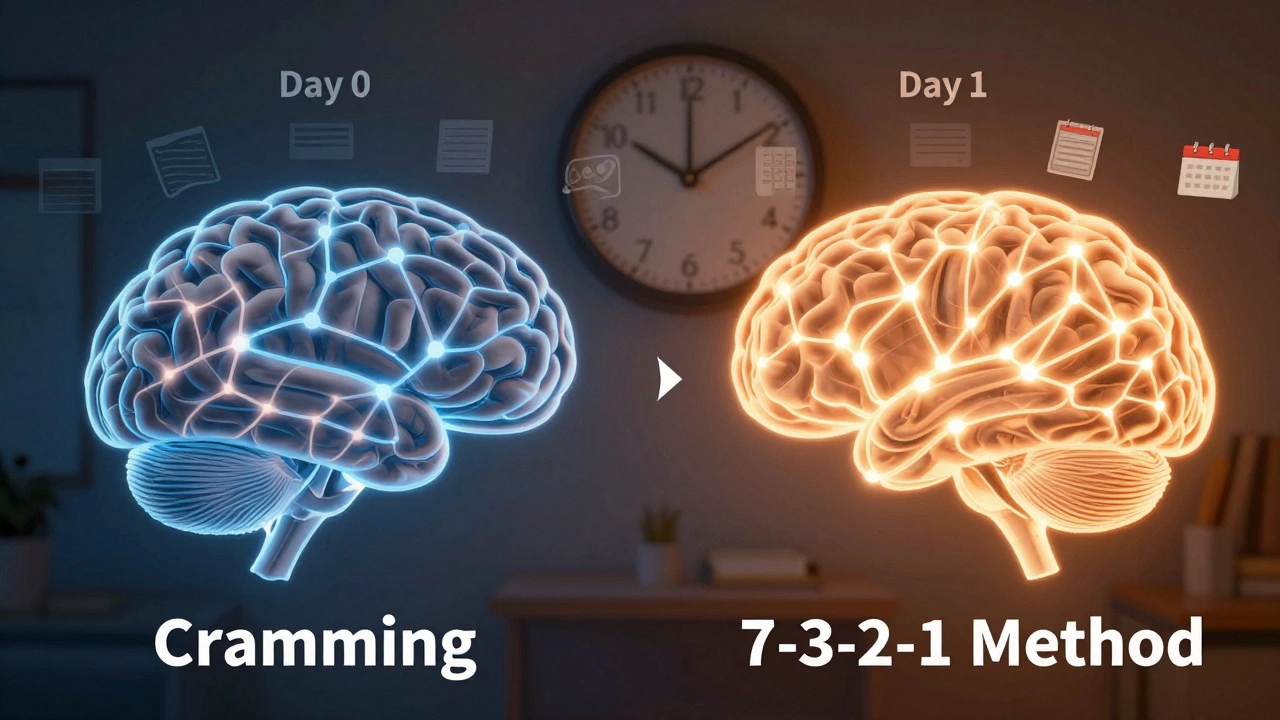 A brain illustration comparing fading memory from cramming to strong neural pathways from the 7-3-2-1 revision method.