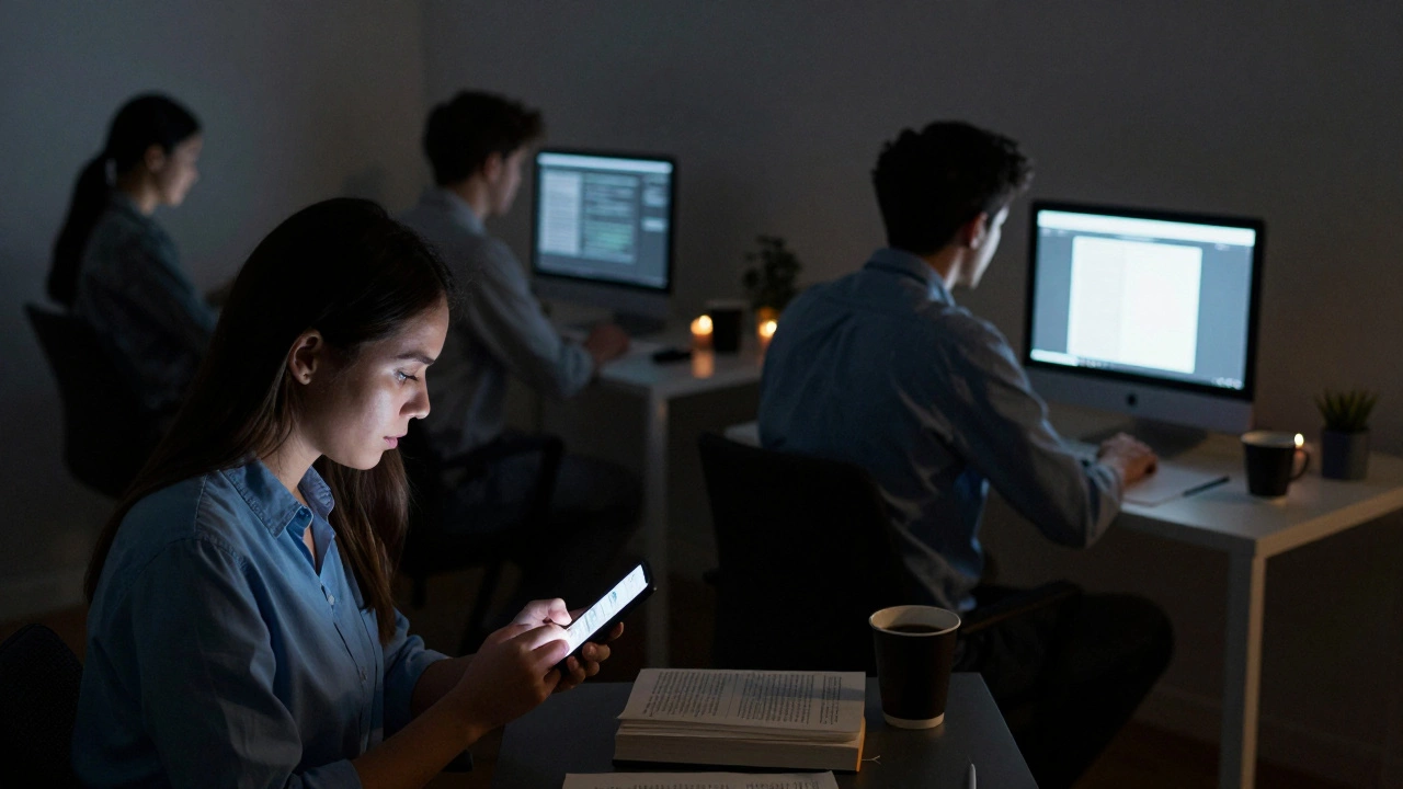 A group of adults studying late at night using laptops and phones, representing diverse paths to an accelerated degree.