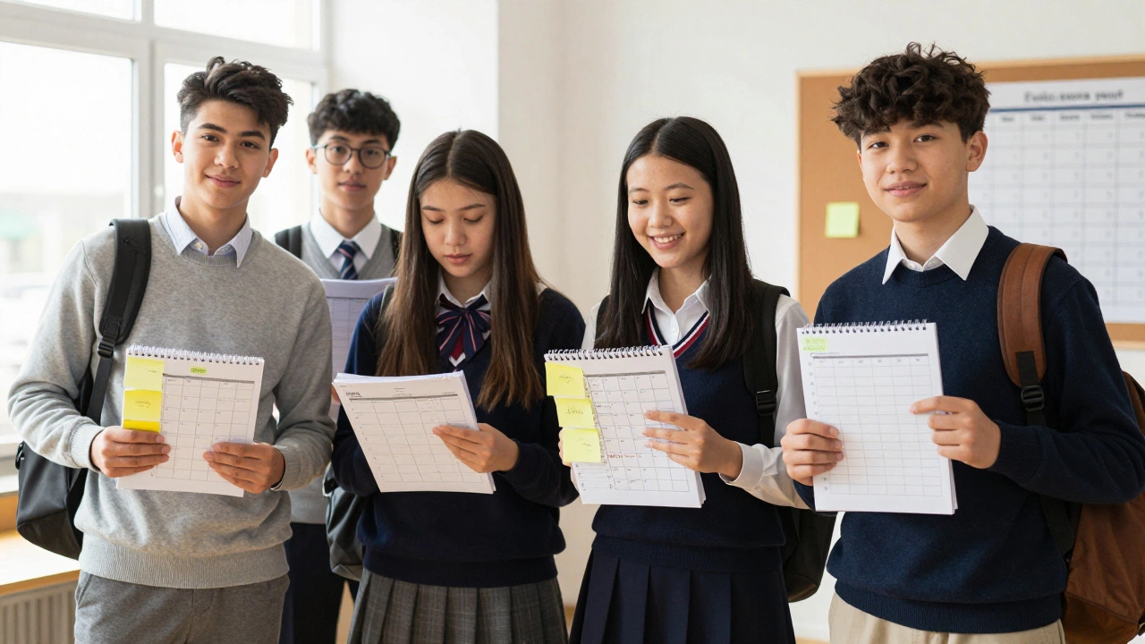 A group of UK students smiling while holding planners and flashcards in a sunny school hallway.