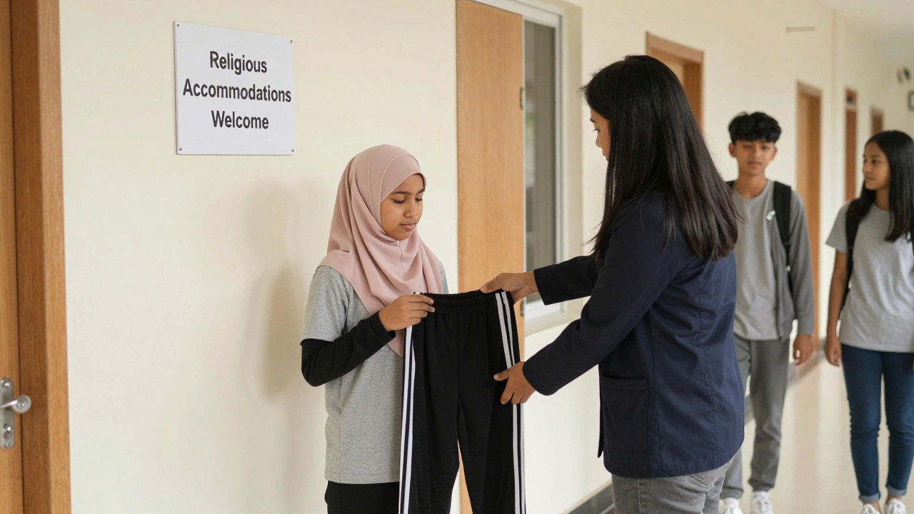 A Muslim student receiving modest athletic wear for gym class while keeping her hijab, in a supportive school environment.