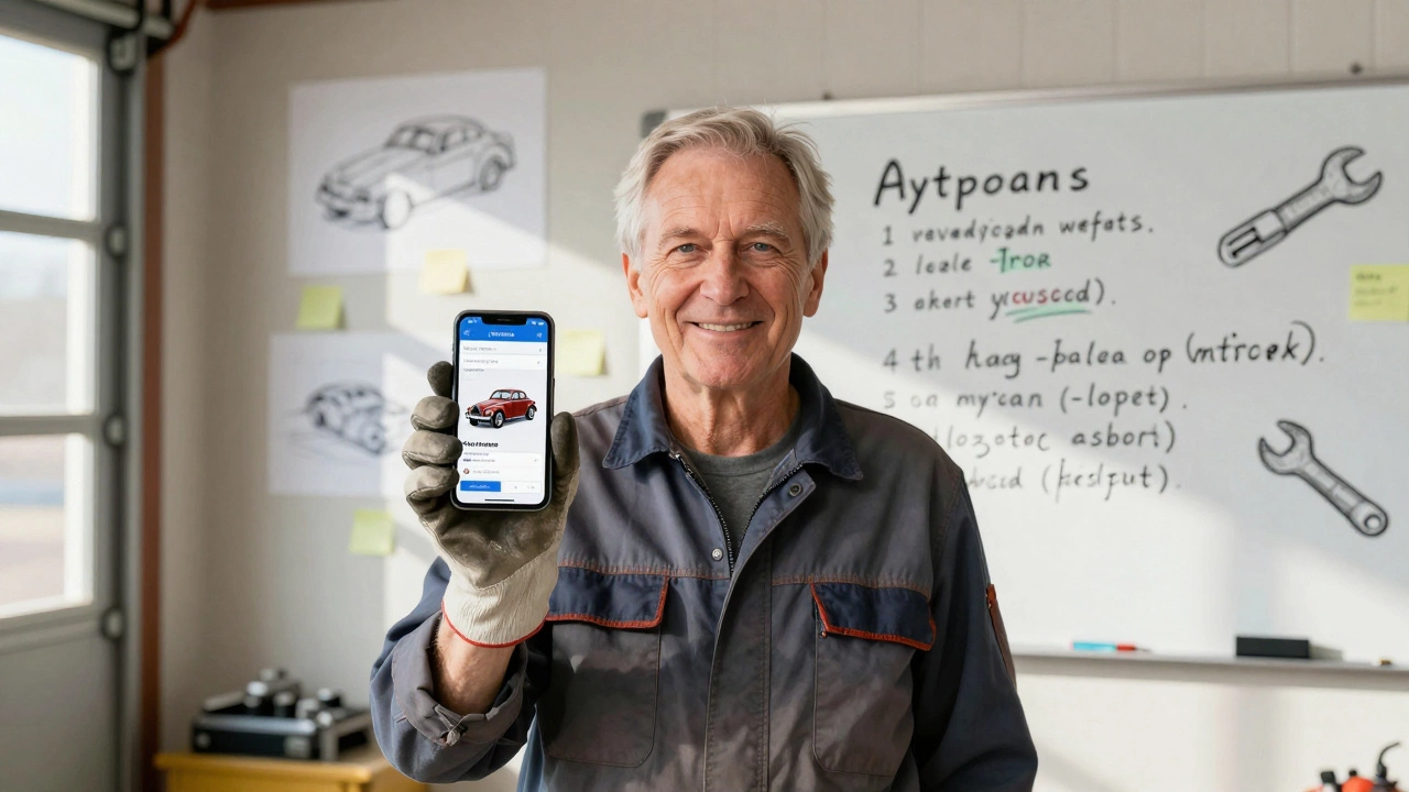 A retired mechanic shows off a custom app he built to track car parts, blending his mechanical expertise with new digital skills.