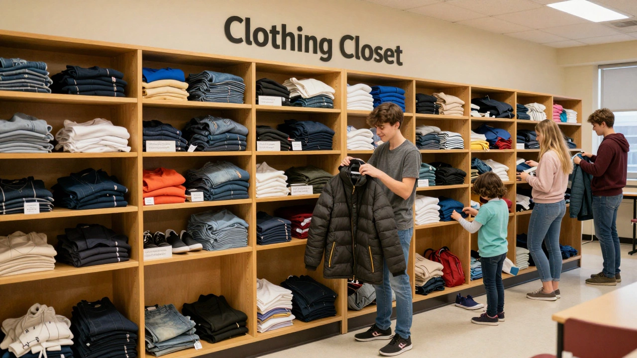 A school clothing closet filled with donated garments, where students freely choose clothes without judgment.