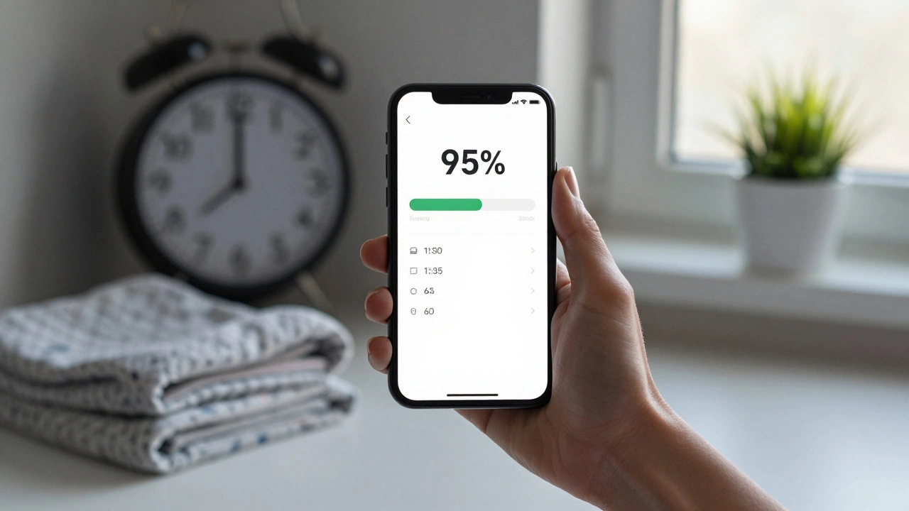 A smartphone screen showing 95% course completion, with hints of nighttime and family life.